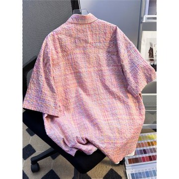 泡泡紗格子短袖襯衫男夏季潮流寬松休閑半袖襯衣美式翻領情侶上衣