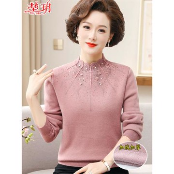 2025新款媽媽秋冬裝加絨加厚毛衣中老年女打底衫中年洋氣短款上衣