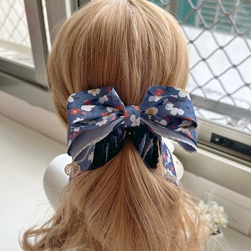 獨家款花卉立體蝴蝶結相交夾香蕉夾仙女夾髮夾-靛藍色