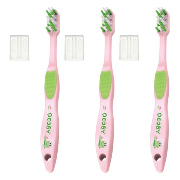 DOOBY 大眼蛙 兒童雙面止滑牙刷+蓋 適合5-7歲兒童  顏色隨機  1支  3組