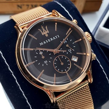 點數9%★MASERATI手錶,編號R8873618005,42mm玫瑰金圓形精鋼錶殼,黑色三眼, 時分秒中三針顯示錶面,玫瑰金色米蘭錶帶款,閃亮度冠絕全場!【APP下單享9%點數上限5000點】