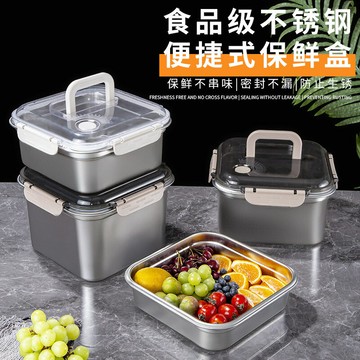 跨境不銹鋼保鮮盒帶蓋方盤冰箱收納盒手提戶外野餐盒廚房餃子方盒
