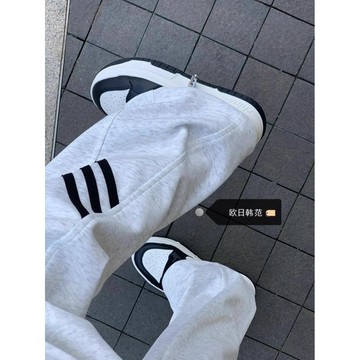 S-4XL 大尺碼純棉白灰色休閒衛褲子女春秋寬鬆bf慵懶風美式條紋運動束腳褲長褲
