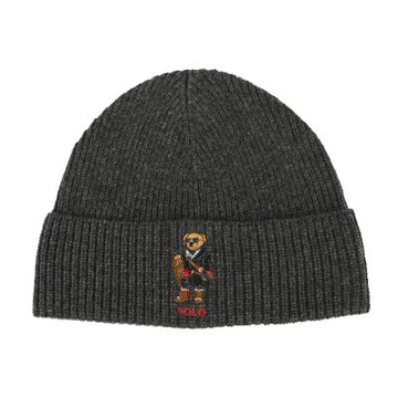 RALPH LAUREN POLO 小熊刺繡LOGO素面羊毛混紗羅紋針織毛帽-深灰色