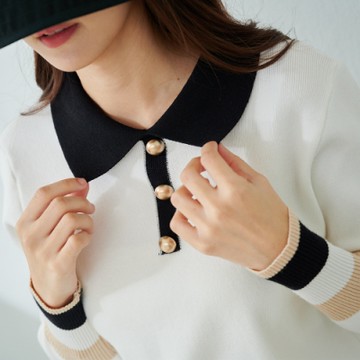 慢 生活 長螺紋袖口配色針織毛衣- 白/黑