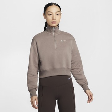 NIKE 耐吉 寬鬆 落肩 短版 女長袖上衣-棕色 AS W NSW PHNX FLC QZ CROP-DQ5768233