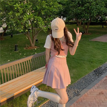 時尚套裝女夏季年新款韓版短袖t恤吊帶背心百褶半身裙兩件套