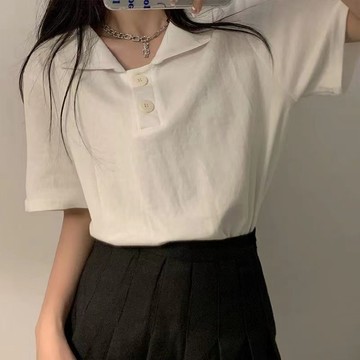 白色polo領正肩短袖|設計感小眾寬松顯瘦美式復古上衣|POLO領t恤女|簡約通勤|韓版|百搭休閒