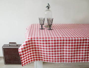 水洗亞麻桌巾 紅&白，長方形圓桌桌布 144x175 公分