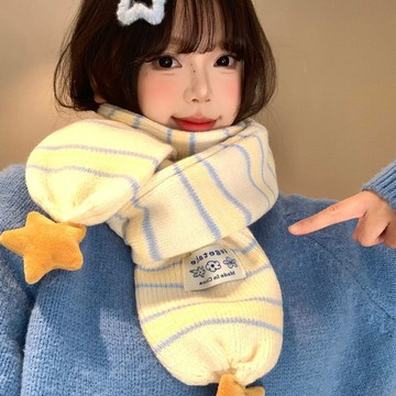 臺灣出貨+免運可愛星星條紋針織圍巾女生冬季2025新款甜美百搭保暖防寒護頸圍脖