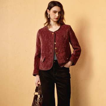 限時搶購★小香風燈芯絨菱格圓領棉外套_酒紅色【MON’S 流行服飾】