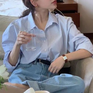 韓國chic秋季法式基礎款單排扣寬松休閑百搭小清新長袖條紋襯衫女