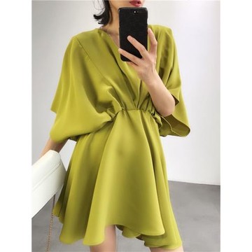 夏季新款高級氣質連衣裙女收腰顯瘦V領設計感中長款孔雀藍裙子