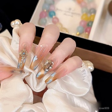 ➕最新設計款穿戴甲💅【焦糖瑪奇朵】純手工穿戴甲焦糖琥珀鑲鑽光療高級感純手作美甲貼短梯穿戴甲 ZPU9