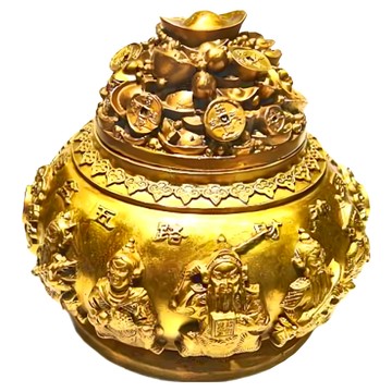 開運陶源 銅聚寶盆 精美雕刻蝙蝠如意祥雲圖案 贈送五行水晶碎石元寶龍銀  五路財神  1個