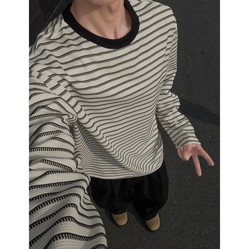 【秋冬上衣】美式帥氣長袖條紋寬鬆設計感休閒T恤男士衛衣春秋季圓領時尚上衣