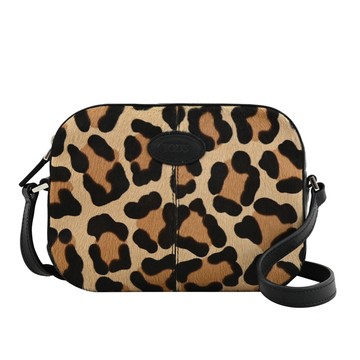 TODS 皮標LOGO豹紋馬毛皮飾邊斜背相機包.黑