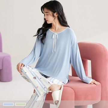成套睡衣【棉柔舒適】蕾絲夢境 印花圓領寬版長袖長褲 居家服 24062