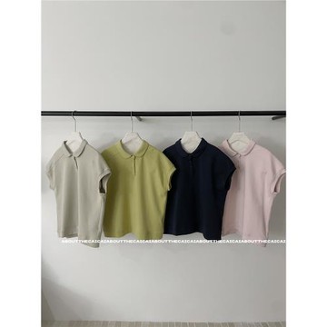 CAICAI坎肩飛飛袖翻領polo短袖T恤女韓系簡約短款休閑百搭上衣