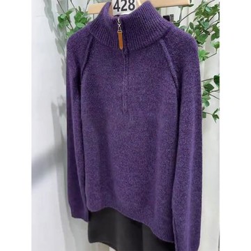 紫色軟糯半拉鏈高領長袖針織衫歐式秋冬季大碼休閑慵懶風套頭毛衣