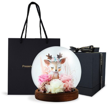 O Pretty 歐沛媞 一鹿相伴 永生花衷心感謝玻璃罩附氛圍燈+禮盒15.4X15.4X15.8cm