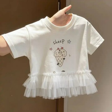 夏季女孩可愛冰淇淋圖案蕾絲邊T恤兒童薄款上衣寶寶甜美打底T  女童上衣 短袖T恤 中小童上衣 韓版 夏天衣服 打底衫