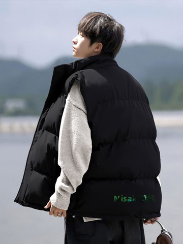 立領羽絨棉馬甲男士冬季2024新款美式背心棉馬夾加厚保暖坎肩外套-Misaki精品