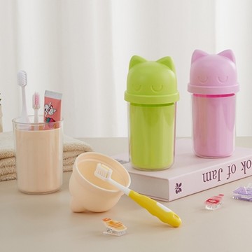 小貓雙層洗漱杯 贈貼紙 牙刷收納盒 貓咪造型 旅行洗漱杯 旅行收納盒 牙刷盒 透明盒 盥洗 刷具盒
