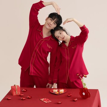 情侶睡衣女純棉春秋季翻領紅色喜慶結婚套裝寬松加大碼睡衣男套裝