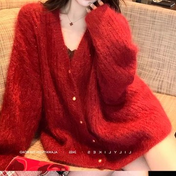 新年限定紅色馬海毛混紡亮片金絲毛衣開衫V領外套女圓領套頭針織