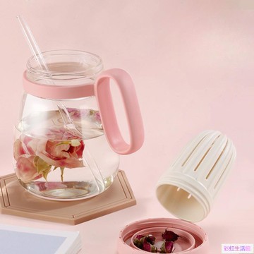 夏季玻璃吸管杯隨行杯手提杯耐高溫水杯大容量大肚水杯辦公室帶手柄泡茶杯子