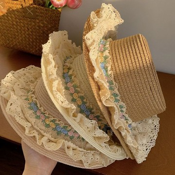 夏季必入款 限時特賣 草編帽 草帽 度假帽 沙灘帽 遮陽帽 法式洛麗塔Lolita蕾絲花邊草帽女夏季大帽檐平頂禮帽海邊沙