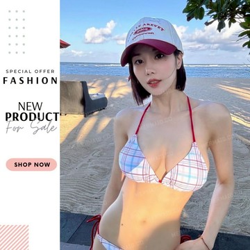 美人魚💙現貨┇ 🍬少女感爆棚！韓系辣妹權恩妃同款 格紋撞色綁帶比基尼👙 泳衣 性感 韓國 泰國 歐美比基尼