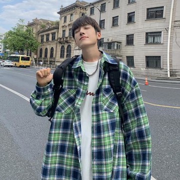 美式vintage格子襯衫男高級感痞帥上衣春秋外套青少年長袖襯衣潮