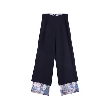 麻料褲管印花拼接寬褲