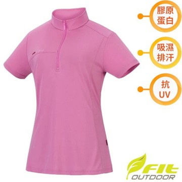 【FIT】女 膠原蛋白消臭抗UV涼感短袖拉鍊立領衫.休閒運動上衣_QS2103-12 粉紅色