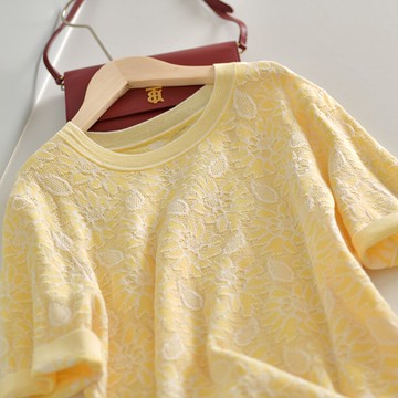 品牌折扣店專柜撤柜女裝尾貨清倉外貿顯白鵝黃色鏤空提花針織上衣