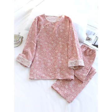 春夏新中式古風國風純棉色織棉紗圓領大碼九分袖家居服睡衣外穿女