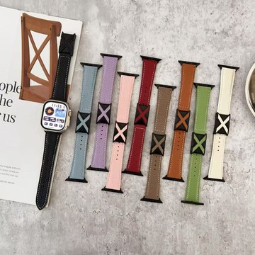 復古風 荔枝紋 X款磁吸扣 皮質手錶帶 適用 Apple Watch 11 9 8 7 SE 錶帶 46mm蘋果手錶錶帶