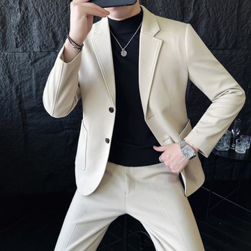 秋冬款高級感加厚毛呢西裝男套裝修身痞帥呢子休閑小西服外套結婚
