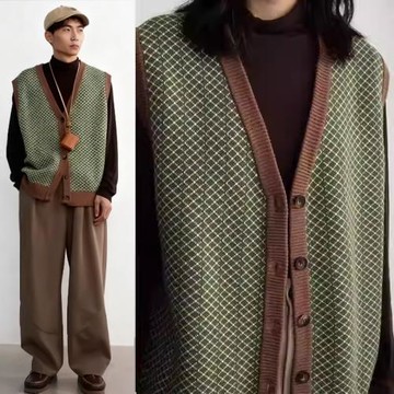 日系復古設計感綠色針織衫馬甲男ins原宿撞色流行文藝毛衣開衫