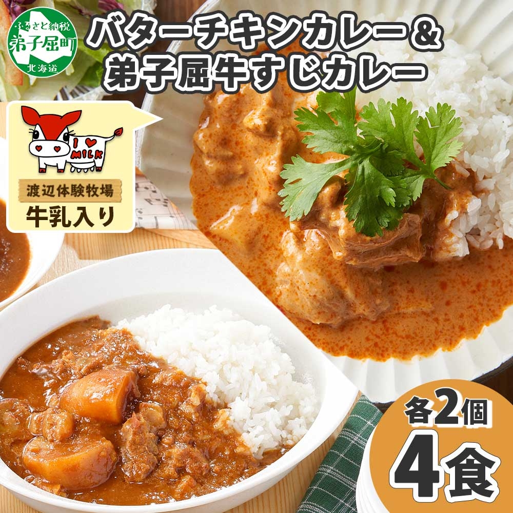 1445. 弟子屈 カレー 2種 食べ比べ 計4個 中辛 バターチキンカレー 牛すじカレー 鶏肉 牛肉 じゃがいも 業務用 レトルトカレー レトルト 北海道 弟子屈町