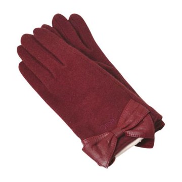 Chloe 品牌字母LOGO圖騰刺繡蝴蝶結造型羊毛手套(暗酒紅色)