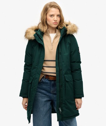 Superdry Women's Everest Faux Fur Parka Coat Green Size: 8