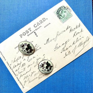 古飾 景泰藍 銅胎琺瑯工藝 橢圓白底綠葉牽牛花耳針