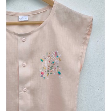 刺繡 | 亞麻 | 橘粉色圓領落肩袖上衣