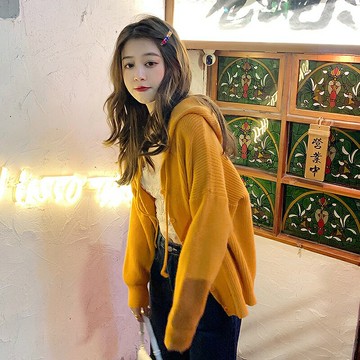 纖婕芙連帽針織外套女2022年秋季新款韓版慵懶小個子寬松開衫毛衣