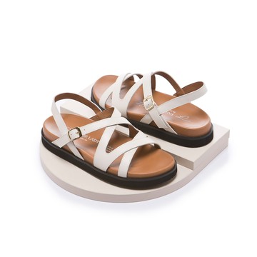 小時光 簡約交叉雙帶厚底真皮涼鞋 奶油 (1A3029)