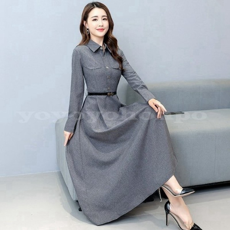 ワンピースレディース秋冬ロングワンピースミモレ丈長袖aラインシャツワンピースフォーマル二次会パーティドレスお呼ばれ同窓会通勤30代40代 通販 Lineポイント最大0 5 Get Lineショッピング