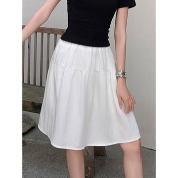 日系藍色冰絲棉麻半身裙女夏高腰遮胯a字蓬蓬短裙防走光五分傘裙